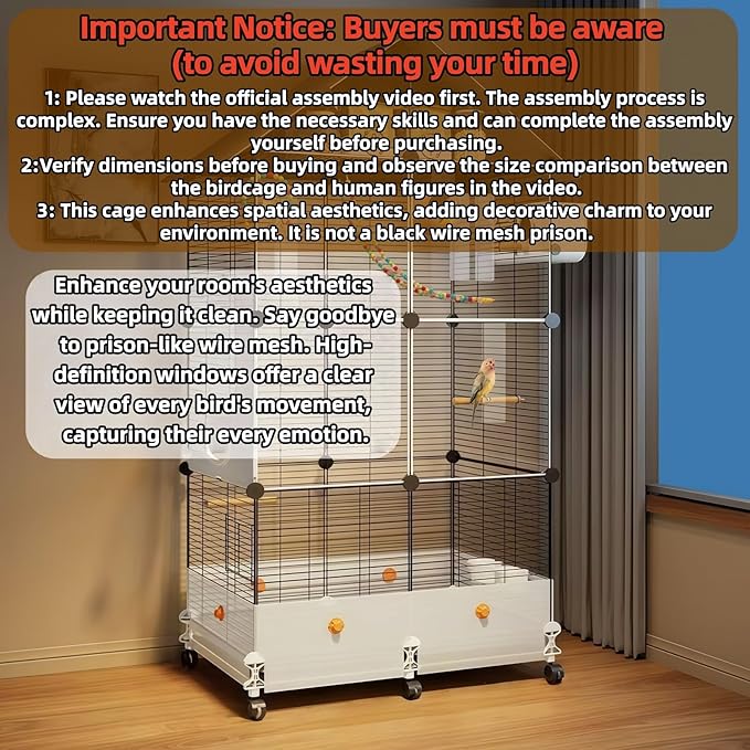 60in Large Flight Bird cage, Equipped with Bird's Nest， Ladder, Swing, Feeder, etc. with Wheels for Easy Outdoor Movement, Suitable for Parrots, Pigeons (Black, 28.4" L x14.2W x 60" H)