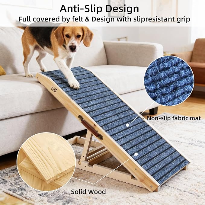 ZJSF Foldable Wooden Dog Ramp for High Bed, Dog Stairs for Small Dogs, High Traction Platform with 5 Adjustable Heights (13"-23.5"), 40", Supports up to 150 lbs