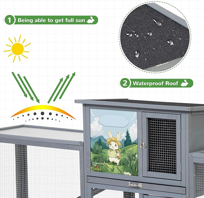 COZIWOW Large Wood Rabbit Hutch Outdoor Indoor, 94.5" L 2-Level Bunny Cage for 2 or More Small Animals, Wooden Pet House with Removable Tray & Multiple Entrances (Grey with Pattern)