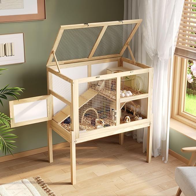 Guinea Pig Cages for 2, Rabbit Hamster Cage with Wooden Stand, 2-Story Large Indoor Small Animal House with a Pull Out Tray and Ramp, Guinea Pig Hideout Platform for Hamster,Natural