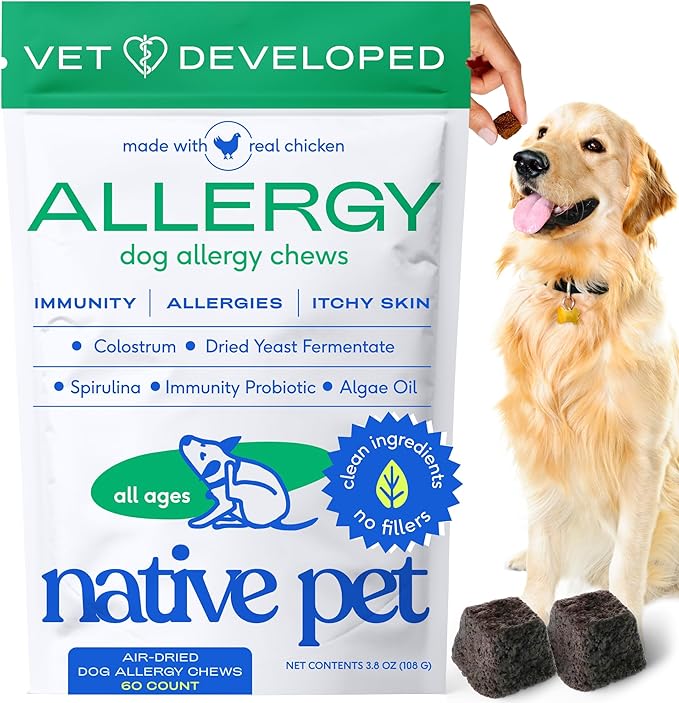 Native Pet Dog Allergy Chews - Dog Allergy Relief for Medium Breeds - Supports Seasonal Itch Relief, Healthy Immune Function & Reduces Sneezing - Colostrum, Spirulina, & Probiotics - 30 Days Supply