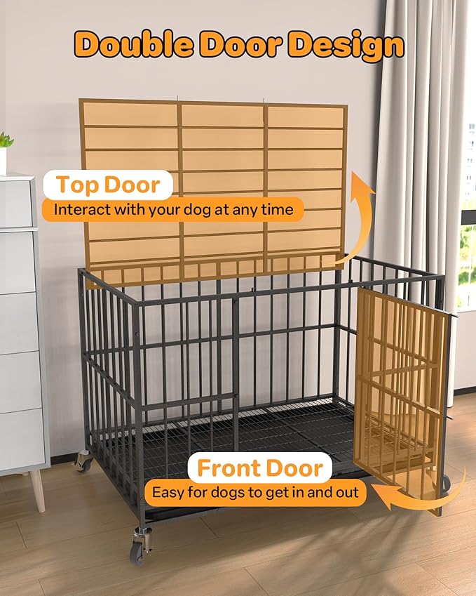 42 in Heavy Duty Dog Crate Steel Escape Proof, Indoor Double Doors and Lockable Wheels,Removable Tray, for Medium and Large Large Dog Breeds,XL