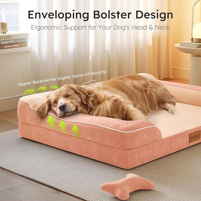 CWAWZ Jumbo Dog Bed for Extra Large Dogs, Orthopedic Dog Bed with Cooling Gel Memory Foam, Waterproof Pet Bed with Removable Washable Cover, 45" Pet Sofa Couch Dutch Velvet with Bone Toy, Peach Pink