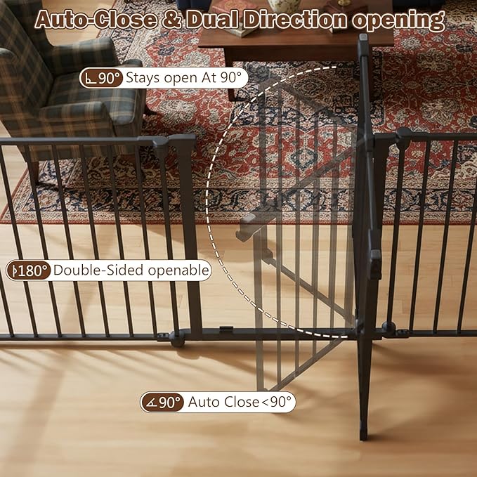 Mumeasy 126" Extra Wide Baby Gate for Doorways, Stairs & Fireplace, Auto Close Safety Dog & Pet Gate with Walk Thru Door, Childproof Fence for Hallway Kitchen House Indoor Outdoor,5 Metal Panels,Black