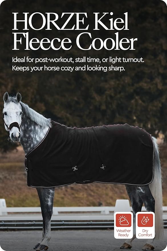 HORZE Kiel Fleece Horse Cooler Blanket | Quick-Dry Fleece Horse Cooler Sheet with X-Surcingles & Tail Cord - Black - 78 in