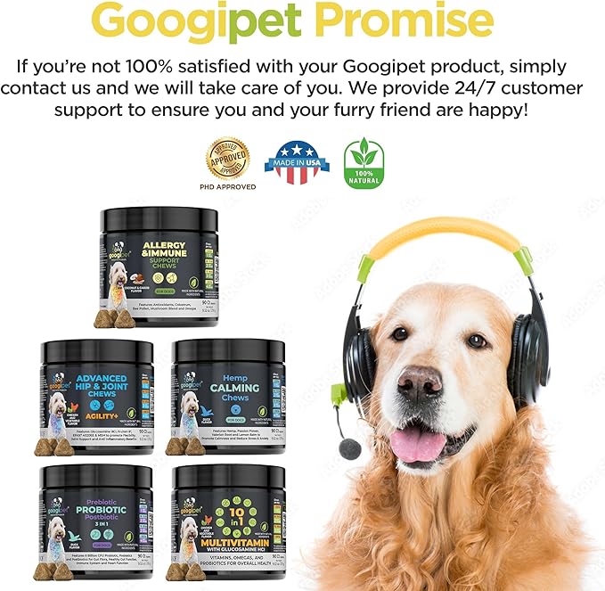Googipet Dog Allergy Chews, Seasonal Dog Allergy Relief & Itchy Skin Relief, Skin & Coat Supplement Colostrum, Coconut Oil, Omega 3 Fish Oil, & Bee Pollen for Dogs Itch Relief