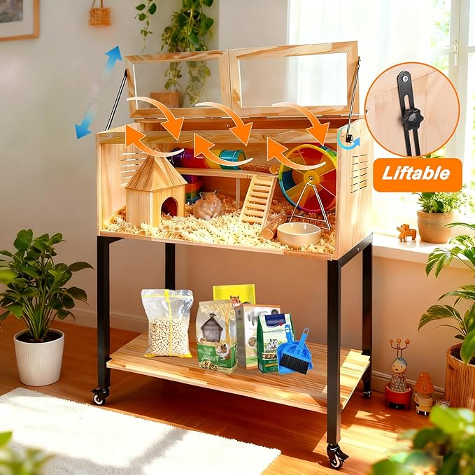 Hamster Cage with Storage, Wooden Hamster Cage, Pine, Guinea Pig Cages, 31.5"L x 15.7"W x 38.0"H, 2 Tiers Movable Large Hamster Cages with Storage Shelf for Guinea Pig, Chinchilla, Rat, Bunny, etc.