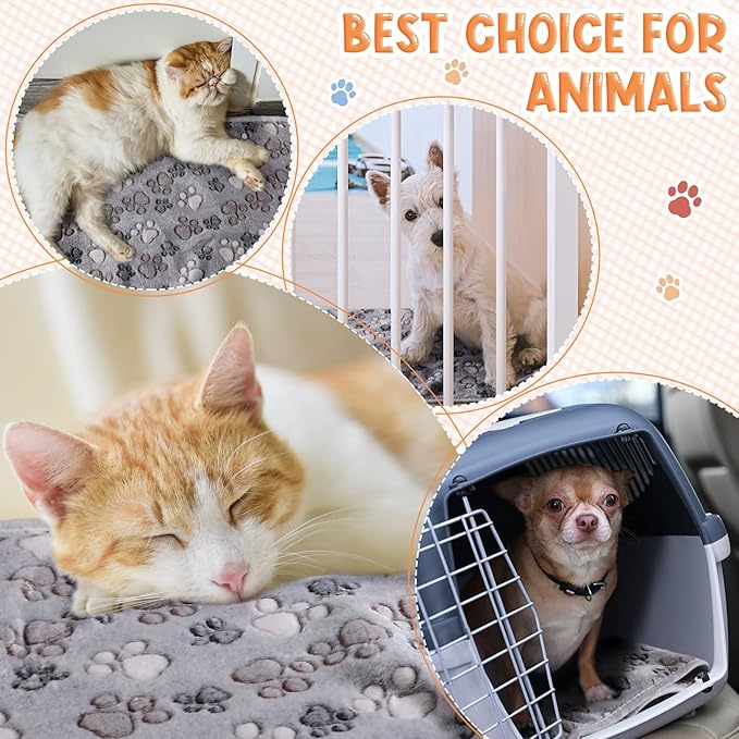 Tatuo 4 Pcs Dog Blanket for Pet Cat Blankets Indoor Puppy Teething Stuff Toys Paw Print Fleece Blanket Warm Sleep Mat for Guinea Pig Cage(Gray,Medium(30 x 20.5 Inch),Square)