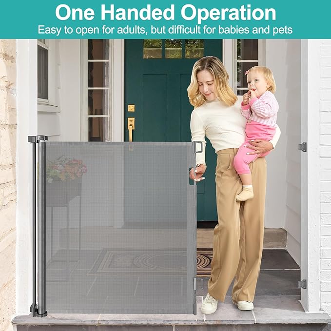 42 Inch Extra Tall Baby Gate for Stairs 55” Wide Retractable Anti-Scratch Mesh Gates for Kids or Pets Extra Tall Puppy Gates for The House One-Hand Operation Retractable Dog Gate for Doorway, Gray