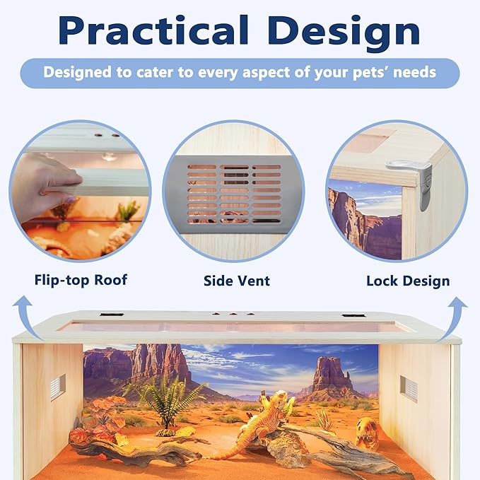 Prolee 80 Gallon Reptile Tank, Tempered Glass Bearded Dragon Tank with Wooden Roof and Lockable Doors, Large Lizard Habitat with Built-in Lamp Fixture for Snakes, Iguanas, Chameleons (Oak)