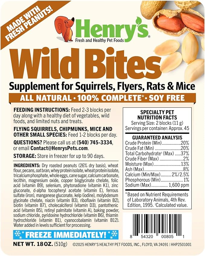 Henry's Wild Bites – Nutritionally Complete Food for Squirrels, Flying Squirrels, and Chipmunks, 18 Ounces