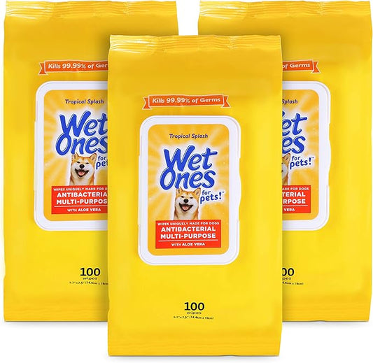 Wet Ones for Pets Multipurpose Dog Wipes with Aloe Vera, Tropical Splash Scent - Pet Bathing Wipes with Wet Lock Seal for Dog Paws & All Over Use, 100 Count - 3 Pack