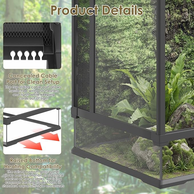 Erinnyees 67 Gallon Reptile Terrarium with Top Screen Ventilation, Snake Habitat with Heating Pad Space, Front Opening Reptile Vivarium with Sliding Cable Outlet for Snakes, Leopard Geckos, Turtles
