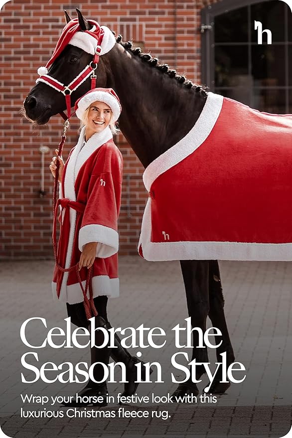 HORZE Santa Christmas Fleece Horse Cooler Blanket with Faux Fur - Red - 66 in