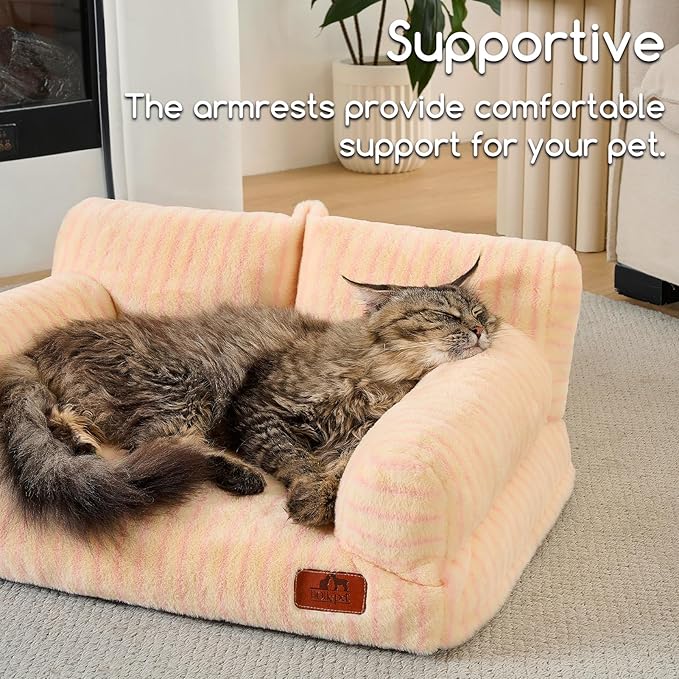 Hollypet Fluffy Dog Cat Bed Pet Couch Beds Plush Soft Warming Washable Puppy Bed for Small Medium Dogs and Large Cats, Pink Stripes, 24" L x 18" W x 10" Th