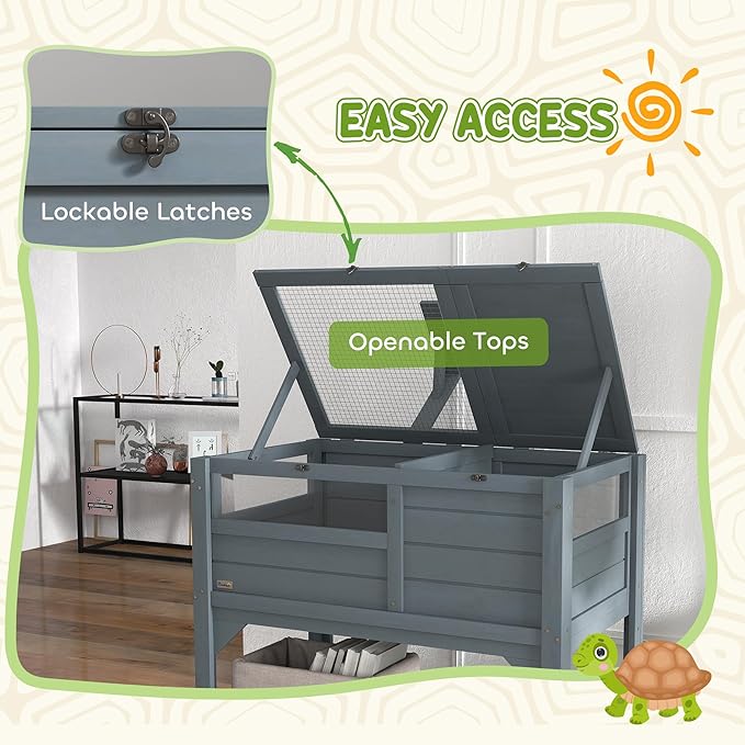 PawHut Tortoise Habitat with Shelf Storage, Reptile Enclosure with Tray, Light Support Frame, Gray