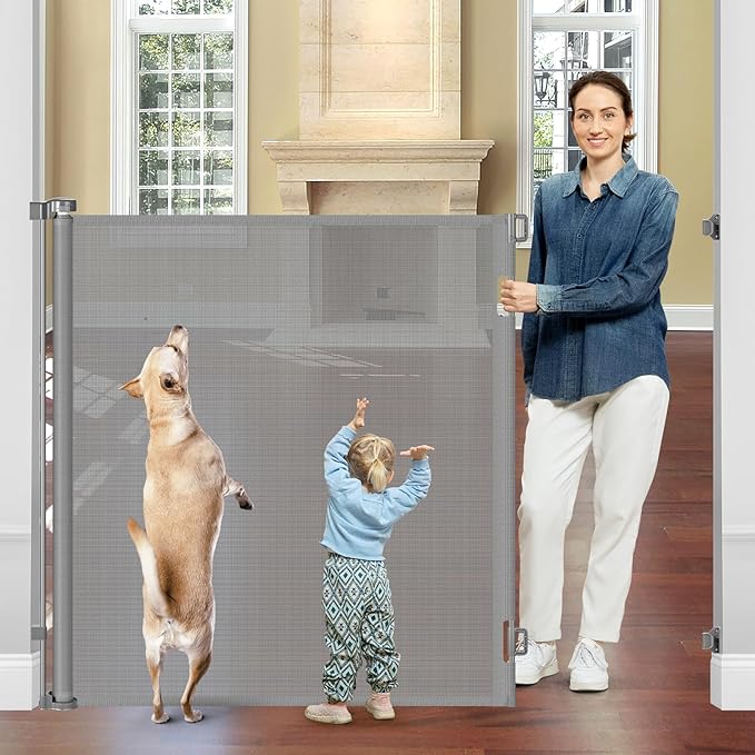 48" Extra Tall Retractable Dog Gate Indoor Prevent Your Baby/Dog/Cat from Jumping Over 55" Wide Extra Tall Retractable Baby Gate for Doorway Mesh Gates for Kids or Pets Puppy Gates for the House, Gray