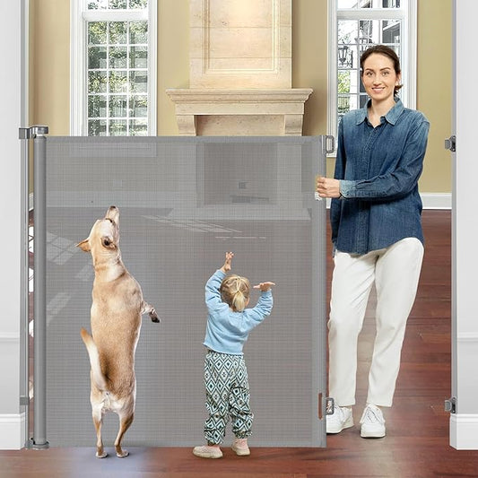48" Extra Tall Retractable Dog Gate Indoor Prevent Your Baby/Dog/Cat from Jumping Over 55" Wide Extra Tall Retractable Baby Gate for Doorway Mesh Gates for Kids or Pets Puppy Gates for the House, Gray