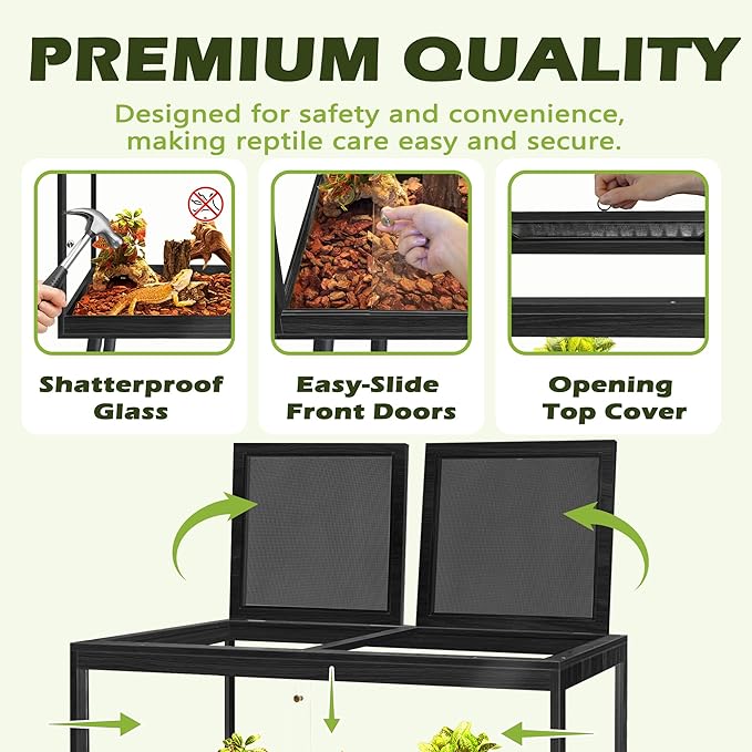 PROLEE Bearded Dragon Tank with Leg, 64 Gallon Tempered Glass Lizard Tank, Reptile Enclosure with Metal Mesh and Lockable Door, Reptile Tank for Snakes,Chameleon (Black, 40x19.5x19.5 Inch)