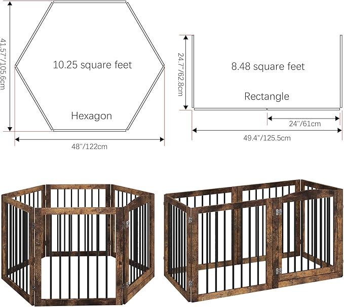 Vantas Folding Pet Gate 144" Wide, 30" Tall No-Assembly Wooden Dog Gate with Door Walk Through, Freestanding Puppy Safety Fence, with 2PCS Support - Rustic Brown
