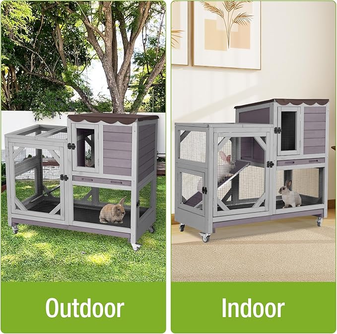 Rabbit Hutch Indoor Outdoor, 2-Story Bunny Cage with Wheels, Wooden Rabbit House with Leakproof Trays, Rain Cover, Guinea Pig Cages with Chew-Proof Ramp (Grey)