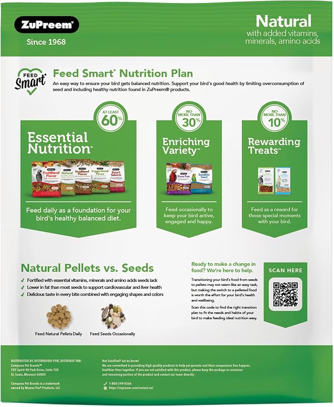 ZuPreem Natural Bird Food, Daily Bird Feed Pellets for Cockatiel, Lovebird, Quaker, Small Conure, Lorikeet, ZuPreem Core Nutrition, Added Vitamins, Made in USA, Cockatiel Food, (Medium, 10 lb Bag)