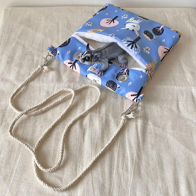 Faux Rabbit Fur Sugar Glider Bonding Carry Pouch Portable Small Animal Carrier Bag Small Animal Bonding Crossbody Strap for Hamster Rat Gerbil with Vent (Blue)