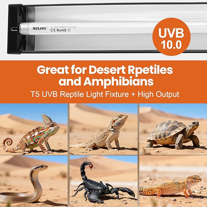T5 HO UVB Reptile Light Fixture with 10.0 UVB Bulb, 24W High Output UVB Light for Reptiles, 22" T5 UVB Light Bar for Bearded Dragons, Tortoises, Iguanas, Desert Reptile UVB Lamp for Terrarium Lighting