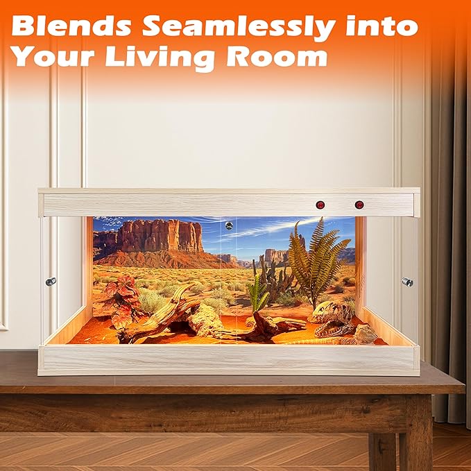 ROYXEN Reptile Tank, 34 Gallons Reptile Enclosure with Lockable Design, Tempered Glass Bearded Dragon Tank for Lizard Habitat, Soild Wood Built-in Sockets (Oak, 31.5"x15.5"x15.5")