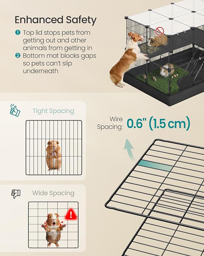 SONGMICS 2-Tier Guinea Pig Cage, Rabbit Cage, Small Animal Playpen with Waterproof Mat, Top and Side Door, 35 Panels, 36.6 x 24.8 x 24.2 Inches, Ink Black ULPI016BH01