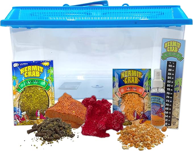 Needzo Hermit Crab Habitat and Food Kit, Starter Pack for Large Travel Cage with Lid, Food, Coral, Treats, and Thermometer, Colors May Vary, 7pc, 12 inches
