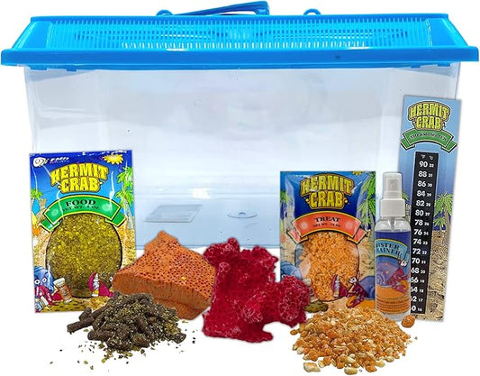 Needzo Hermit Crab Habitat and Food Kit, Starter Pack for Large Travel Cage with Lid, Food, Coral, Treats, and Thermometer, Colors May Vary, 7pc, 12 inches