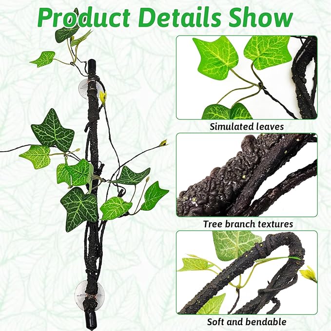 PINVNBY 2 PCS Snake Climbing Branch, Flexible Jungle Reptile Vine with Suction Cup Gecko Climb Tree Branches Chameleons Cage Accessories for Lizards,Tree Frog, Crested Gecko,Snake Enrichment（Green）
