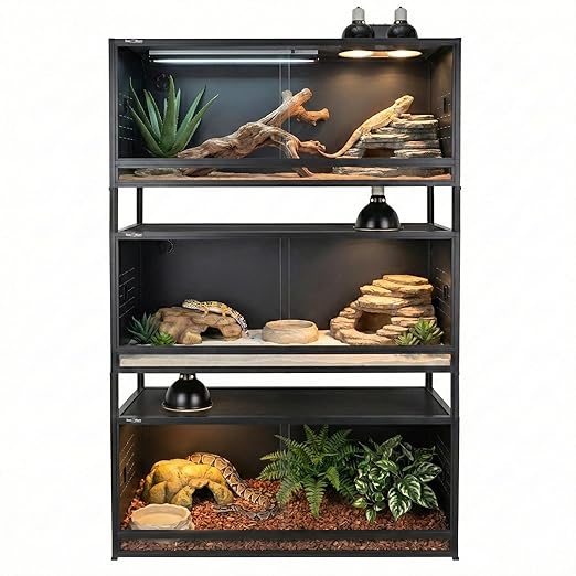 Extra Large PVC Reptile Enclosure 3 Tier 48"x24"x24"with Spacers, 120 Gallon Reptile Terrarium Habitat, Space Saving Stackable Reptile Tank for Bearded Dragon Gecko Snake Lizard, Sliding Doors Lock