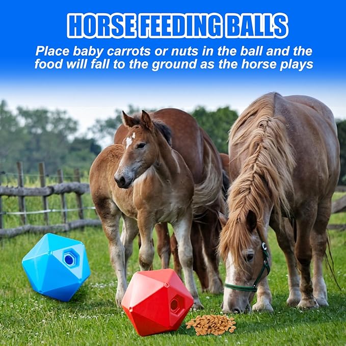 Horse Treat Ball, 9" Horse Ball Feeder Toy & Stress Reliever with 1.13 Inch Opening for Paddock, Slow Feed Enrichment Toys for Horses to Play(2 Pack,Red Blue)