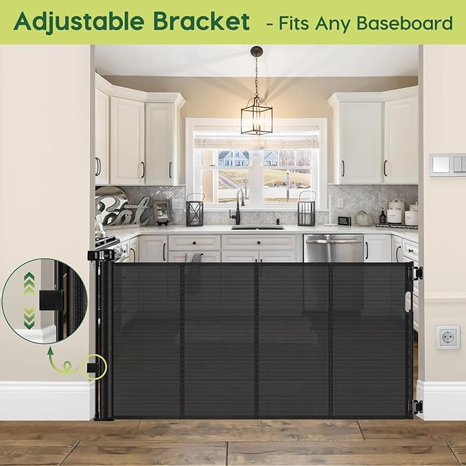 Reinforced 55" Wide Retractable Baby Gates with Reinforced Strips, Indoor/Outdoor Retractable Dog Gate for Doorway Prevent Bottom Drilling Through, No Bottom Bar Safety Mesh Baby Gate for Stair, Black