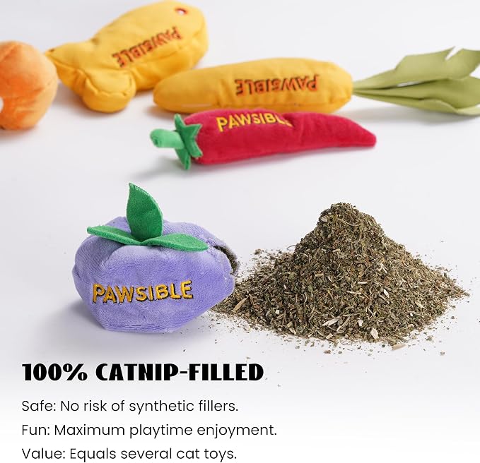 Pawsible 5 Pack Catnip Toys for Indoor Cats - 100% Organic Catnip Filled, No Cotton, Durable Teething Kicker Toys for Kittens, Food-Shaped Plush Chew Toys - Image 2