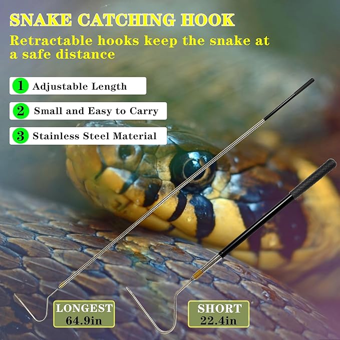 22"~64" Snake Hook Reptile Catcher Stick Tongs Rattlesnakes Grabber Pick-up Handling Tool Kit for Catching Controlling or Moving Python Copperhead (Small Snake Hook - Black)