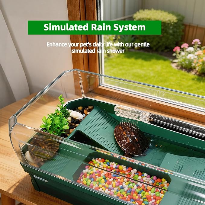 Turtle Tank Kit with 3-Stage Filter, Basking Platform & Heat Lamp - Complete Turtle Aquarium Habitat for Water Turtles, Enclosure or Hermit Crab Tank, Easy Drain Starter Kit Green, 18.1 Inch