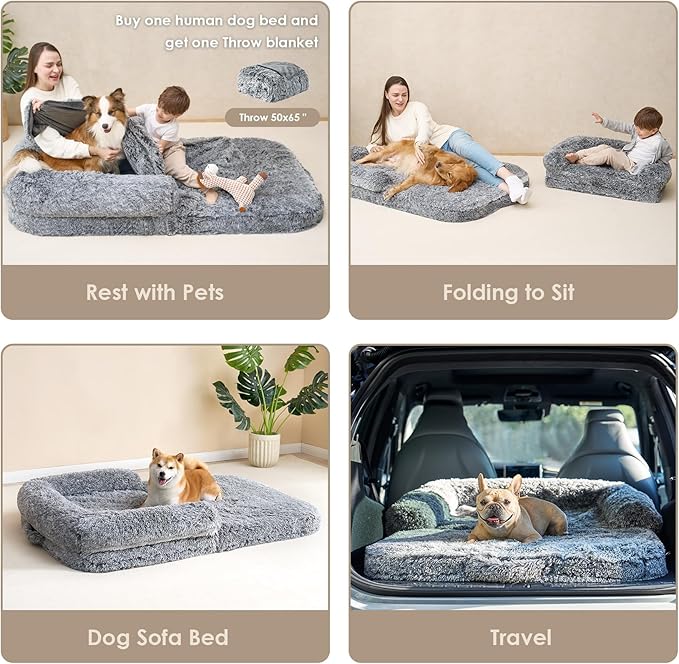 EHEYCIGA Foldable Human Dog Bed, 72"x44"x11" Orthopedic Memory Foam Human Sized Dog Bed, Waterproof Pet Bed for People, Faux Fur Pet Couch for Adult with Non-Slip Bottom, Grey