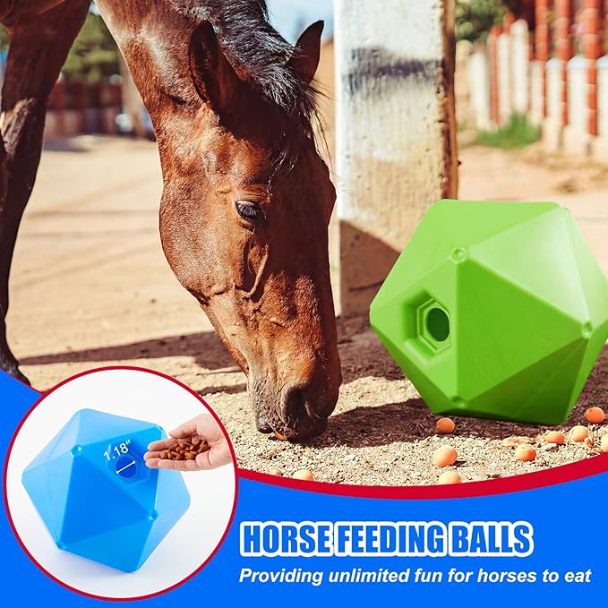 Horse Treat Ball, 9" Horse Ball Feeder Toy & Stress Reliever with 1.13 Inch Opening for Paddock, Slow Feed Enrichment Toys for Horses to Play(2 Pack,Green Blue)