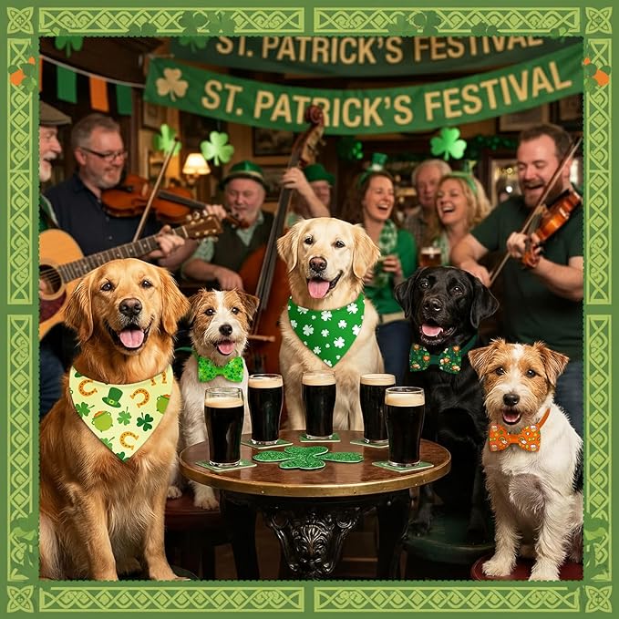 Sanwuta 50 Pcs St. Patrick's Day Dog Bandanas and Collar Bow Ties Set 25 Bandanas Bulk 25 Irish Shamrocks Clover Leprechauns Dog Collar Flower Adjustable Triangle Scarf Bowtie for Small Medium Large