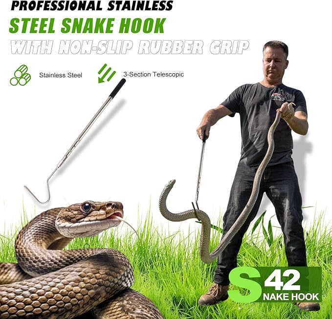 Snake Hook, Snake Grabber Tool Heavy Duty with 42 Inch Extensible Stainless Steel, Snake Tongs Stick for Rattlesnake, Copperhead Snake, Ball Python, Rattle, Cobra, Corn, Rosy Boas