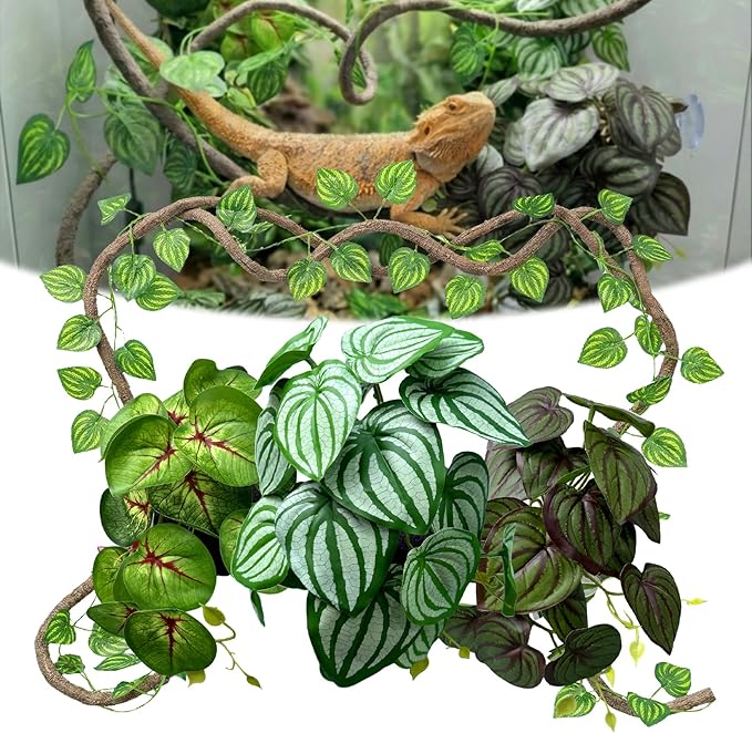 5 Pcs Reptile Plants & Habitat Decor Kit - Artificial Plants & Large 3.3ft Jungle Vine Branch, Artificial Leaves with Suction Cup Tank Decor Accessories for Crested Gecko, Lizard, Snake,Forg,Tortoise