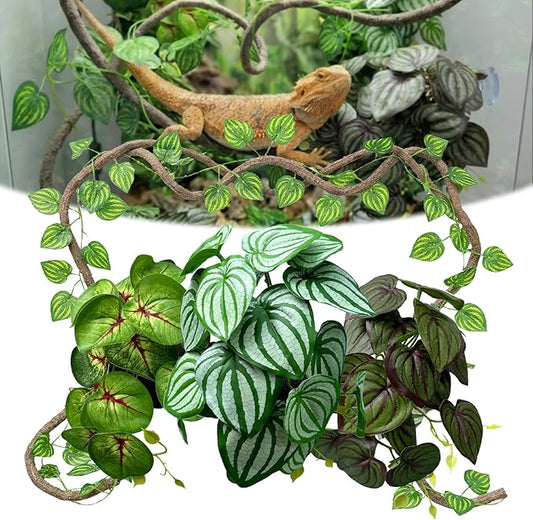 5 Pcs Reptile Plants & Habitat Decor Kit - Artificial Plants & Large 3.3ft Jungle Vine Branch, Artificial Leaves with Suction Cup Tank Decor Accessories for Crested Gecko, Lizard, Snake,Forg,Tortoise