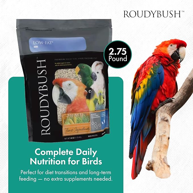 Roudybush Low Fat Food for Adult Birds & Chicks - Scientifically Formulated Bird Feed - Bird Food Pellets w/ Corn, Wheat, Soy & More - Nutritious & Healthy Feed for Birds (Mini, 44oz)