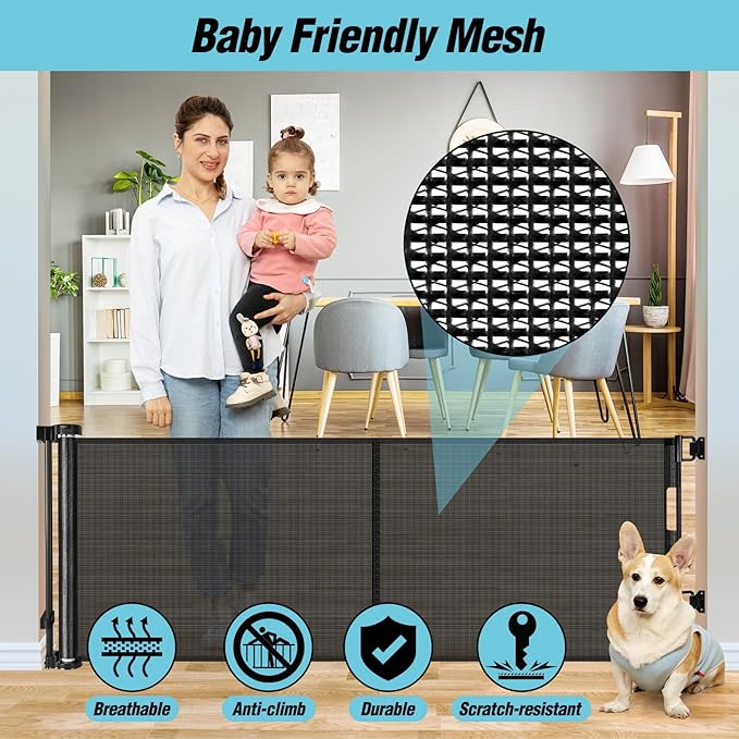 24 Inches Tall Retractable Baby Gates for Doorways, Short Dog Gates to Step Over, Extends up to 55" Wide, Reinforced Mesh Baby Gate for Kids or Pets, Doggie Gates Puppy Gates for The House (Black)