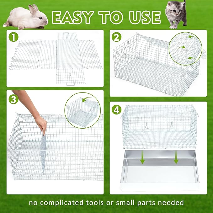 DoubleFill 4 Hole Folding Rabbit Transport Cage, 24 x 12 x 10 in Portable Rabbit Bunny Carrier with Tray and Handles for Travel Temporary Housing, Indoor Outdoor Pet Habitat Animal Enclosure