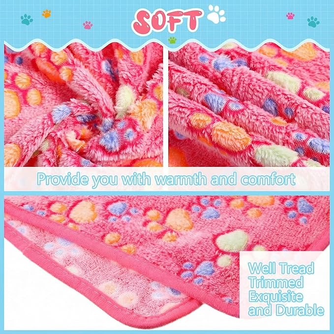 Tatuo 4 Pcs Dog Blanket for Pet Cat Blankets Indoor Puppy Teething Stuff Toys Paw Print Fleece Blanket Warm Sleep Mat for Guinea Pig Cage(Pink,Small(24 x 16 Inch),Square)