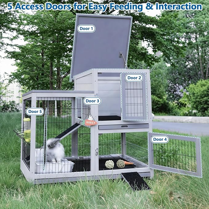FunXplore Rabbit Hutch Indoor Outdoor Bunny Cage with Urine Guards 2 Storey Mobile Guinea Pig Cage Weatherproof Asphalt Roof Wire Bottom 2 Trays